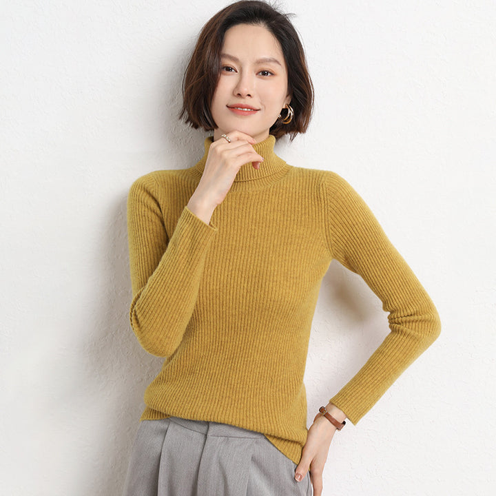 Women's Tailored Fine Knit Turtleneck Sweater with Fine Ribbed Texture and Cashmere Look Mune Fashion