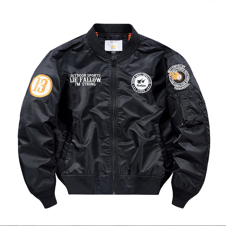 Men's Nylon Pilot Bomber Jacket with Emblem Patches, Sleeve Utility Pocket and Ribbed Cuffs Mune Fashion