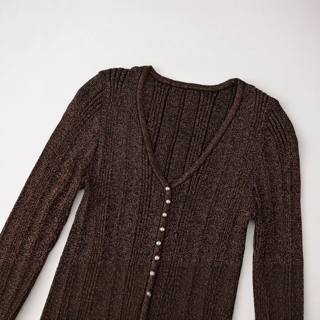 Women's figure-hugging ribbed fine knit cardigan with V-neck, shiny thread and decorative button strip Mune Fashion