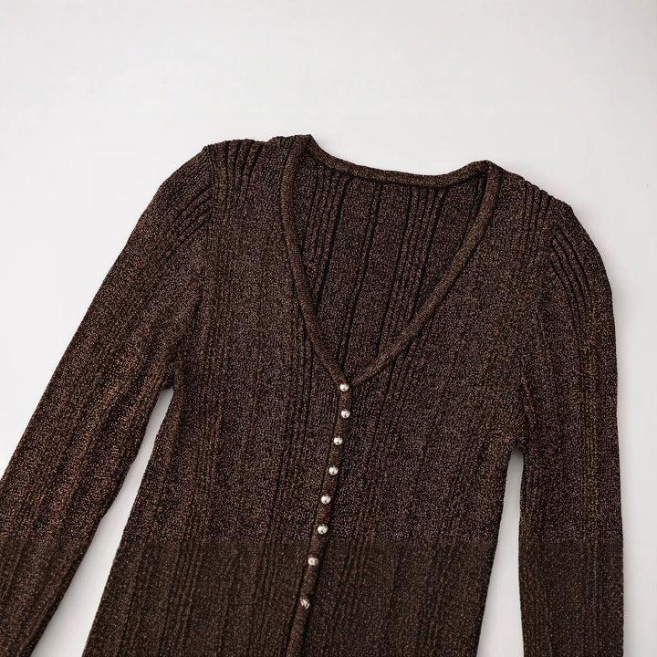 Women's figure-hugging ribbed fine knit cardigan with V-neck, shiny thread and decorative button strip Mune Fashion