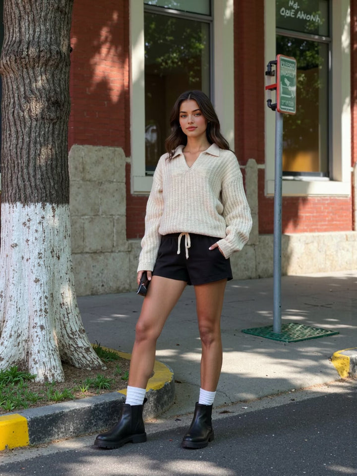 Women's Oversized Chunky Knit Set with Polo Collar and Midi Skirt Mune Fashion