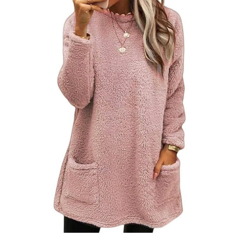 Women's cozy long teddy sweater oversized with round neck and slit pockets Mune Fashion