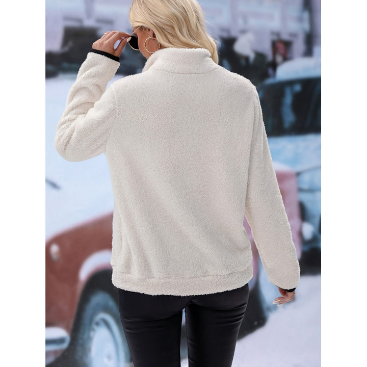 Women's fluffy fleece cuddle pullover with half zipper, kangaroo pocket and stand-up collar Mune Fashion