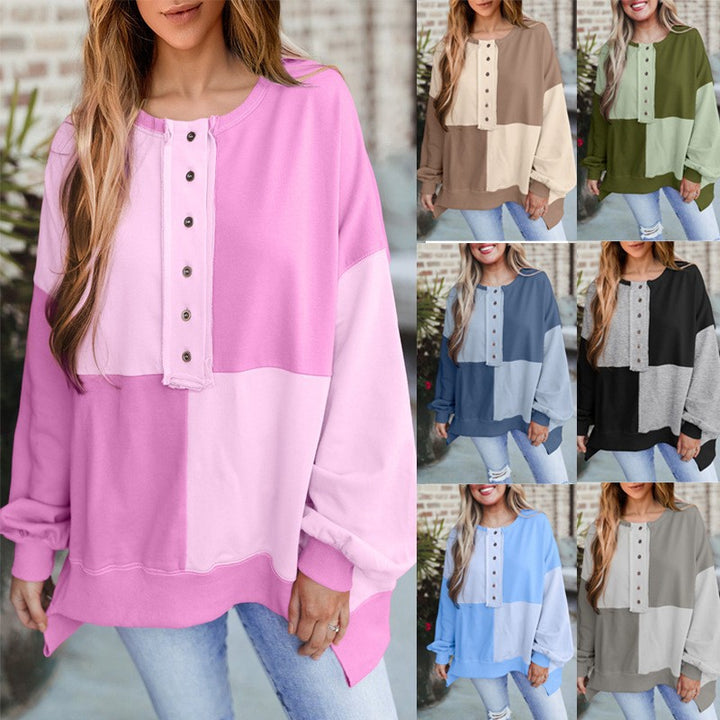 Women's Oversize Colorblock Sweatshirt with Henley Button Placket, Balloon Sleeves and Ribbed Hem Mune Fashion