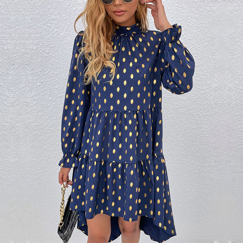 Ladies Ruffle Tiered Dress with Gathered Stand-Up Collar and Shiny Dots Mune Fashion