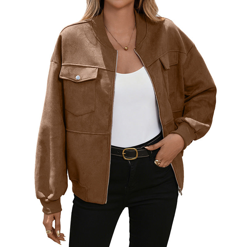 Women's Oversized Suede Look Bomber Jacket with Chest Pockets and Zipper Mune Fashion