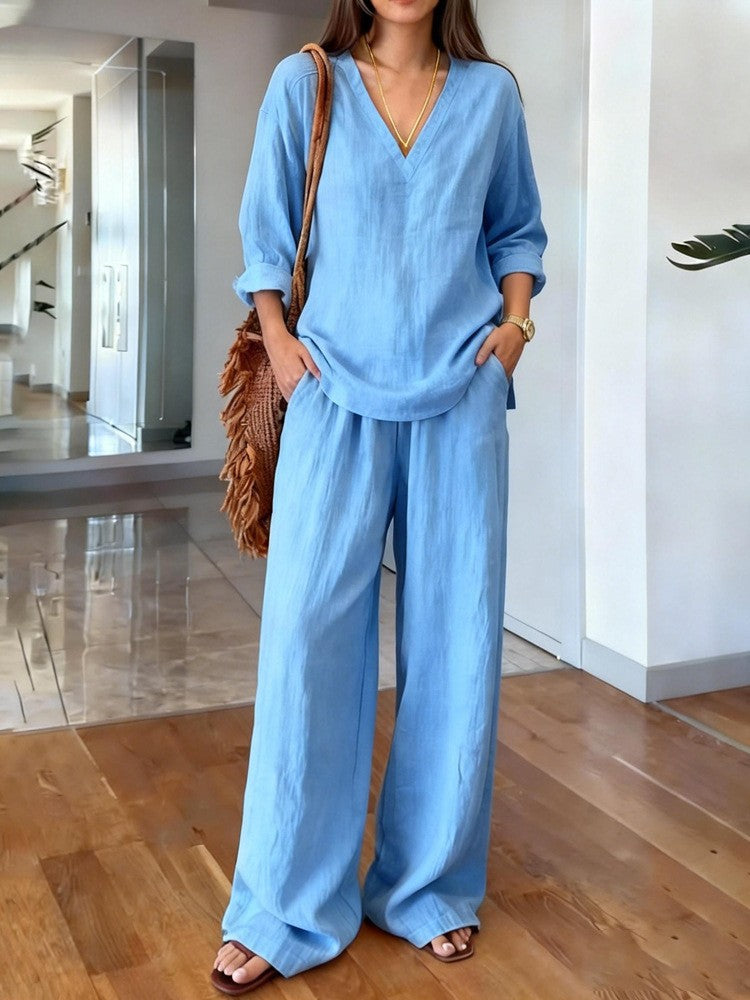Women's lightweight linen look two-piece set with deep V-neck, loose 3/4 sleeves, and wide palazzo pants cut Mune Fashion