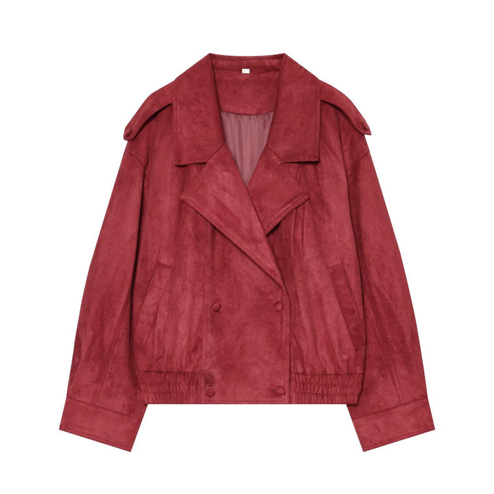Women Short Cut Double Breasted Suede Look Coat with Shoulder Flaps Mune Fashion