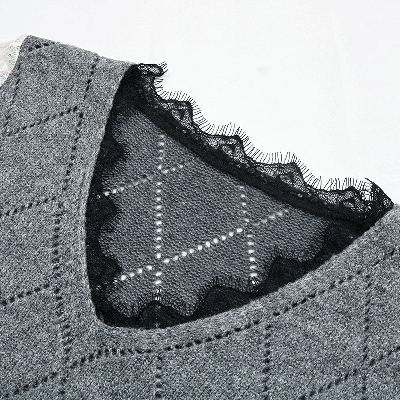 Women's Casual Fine Knit Sweater with Openwork Diamond Pattern, Transparent Lace Sleeves and Ribbed Cuffs Mune Fashion