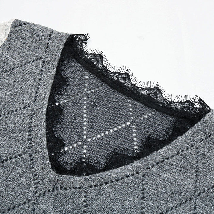Women's Casual Fine Knit Sweater with Openwork Diamond Pattern, Transparent Lace Sleeves and Ribbed Cuffs Mune Fashion