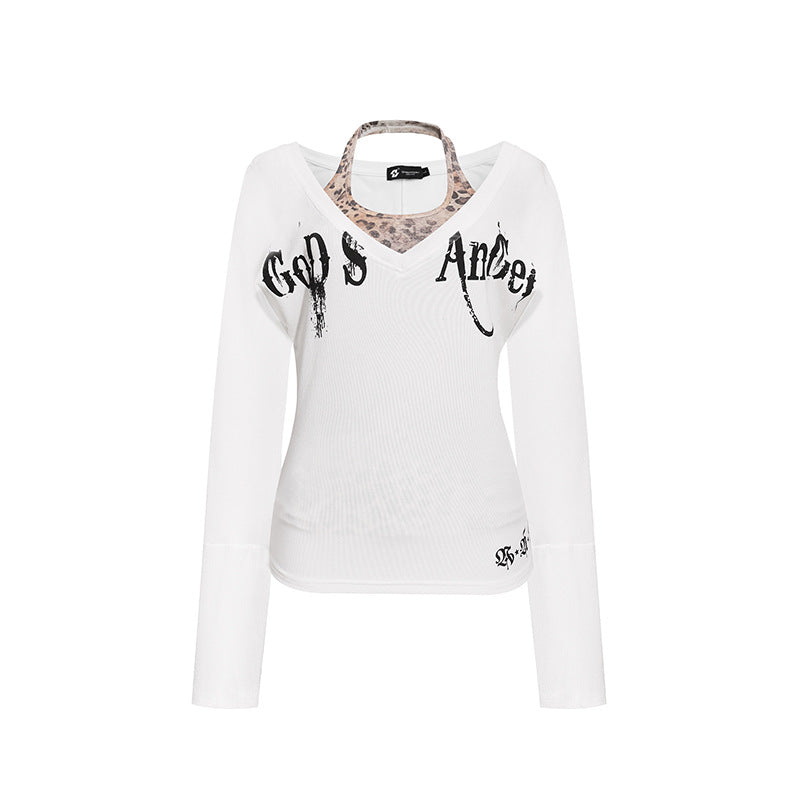 Women's Layered Long Sleeve Shirt with Integrated Halter Neck and Vintage Graphic Mune Fashion
