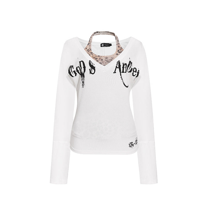 Women's Layered Long Sleeve Shirt with Integrated Halter Neck and Vintage Graphic Mune Fashion