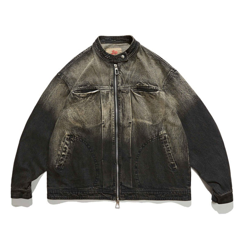 Unisex Boxy Denim Jacket in Oversized Cut with Two-Tone Wash and Stand Collar Mune Fashion