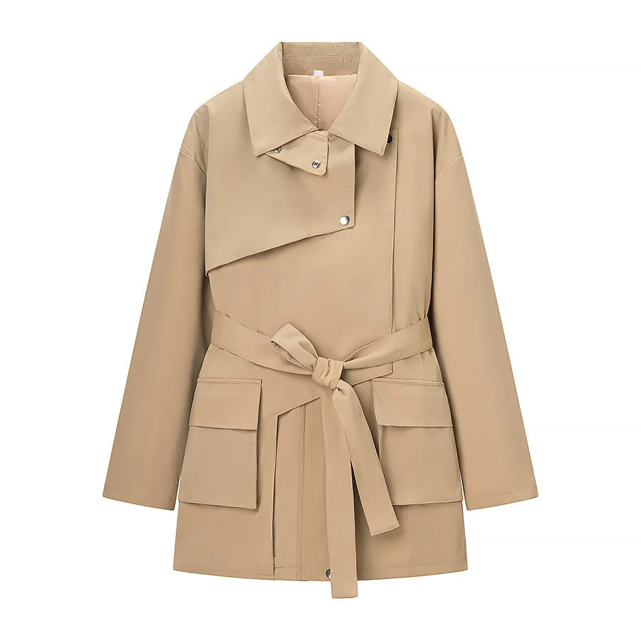 Women's tailored trench parka with tie belt, asymmetrical flap and large patch pockets Mune Fashion