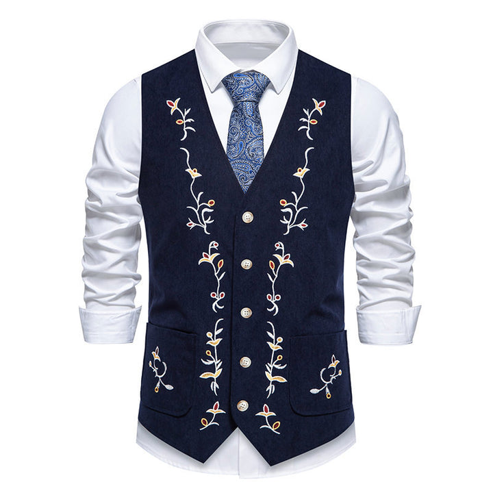 Men's Traditional Embroidered Suit Vest with V-Neck and Decorative Buttons Mune Fashion