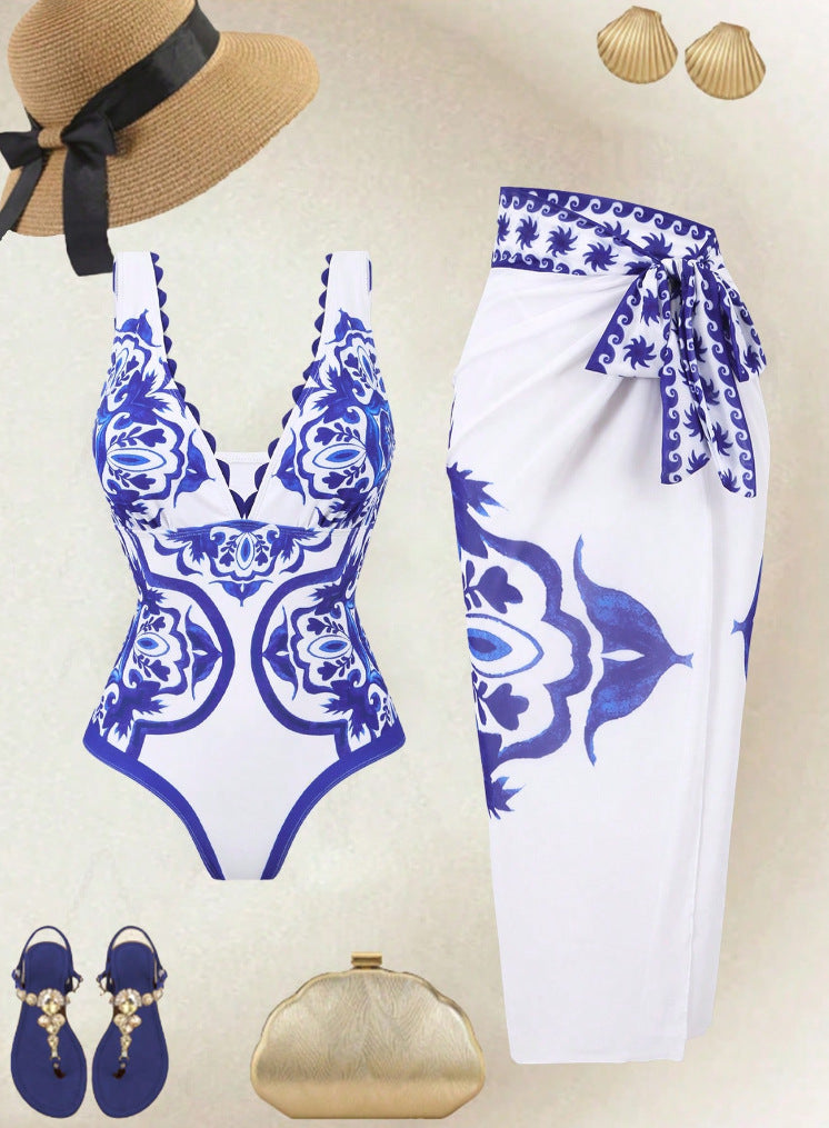 Women’s bathing suit with feminine jacquard pattern and matching wrap skirt Mune Fashion