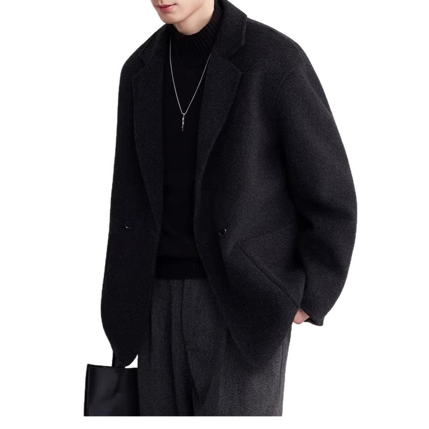 Men's Oversized Double-Breasted Wool Blend Short Coat with Patch Pockets Mune Fashion