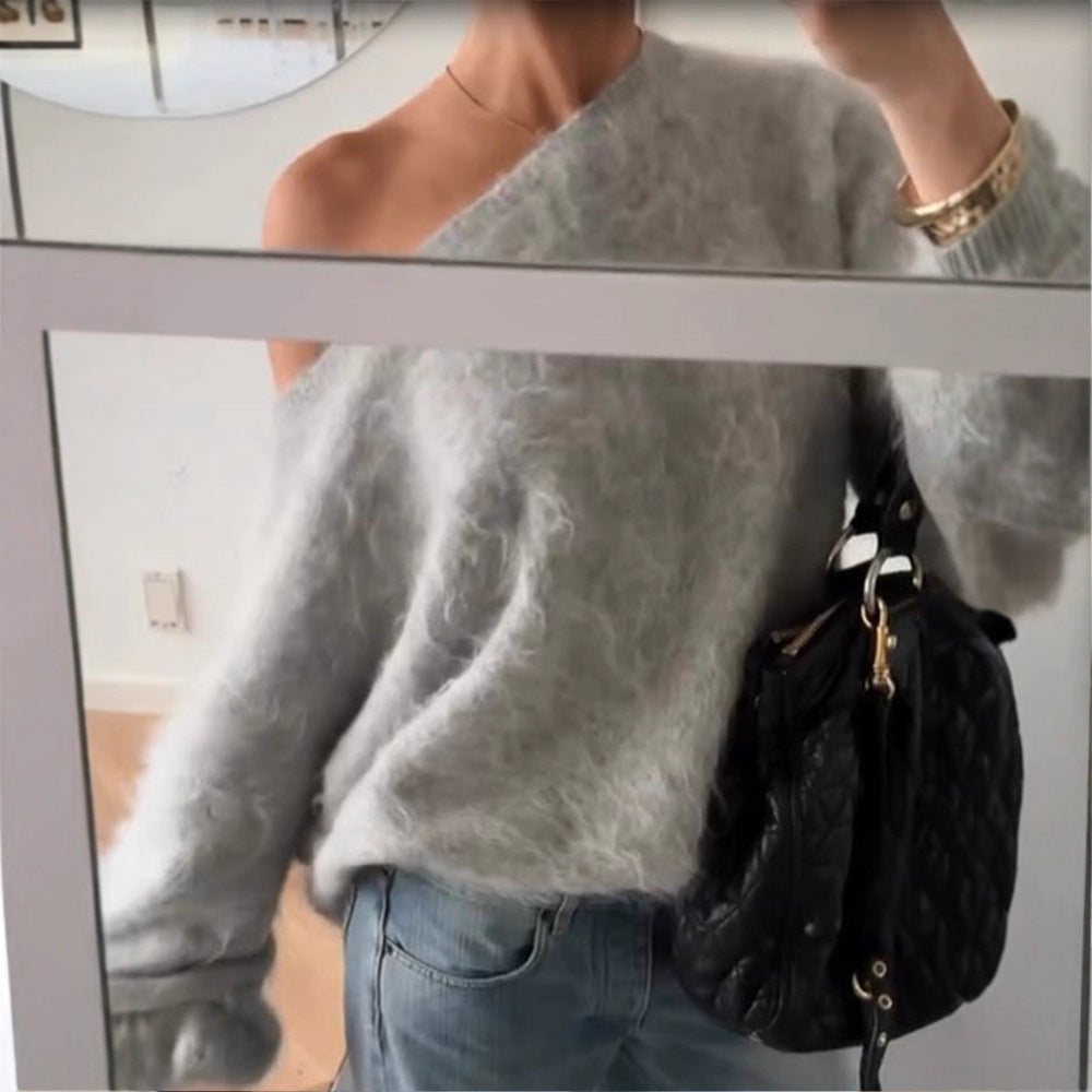 Women Oversize Mohair Blend Off-Shoulder Sweater with Balloon Sleeves Mune Fashion