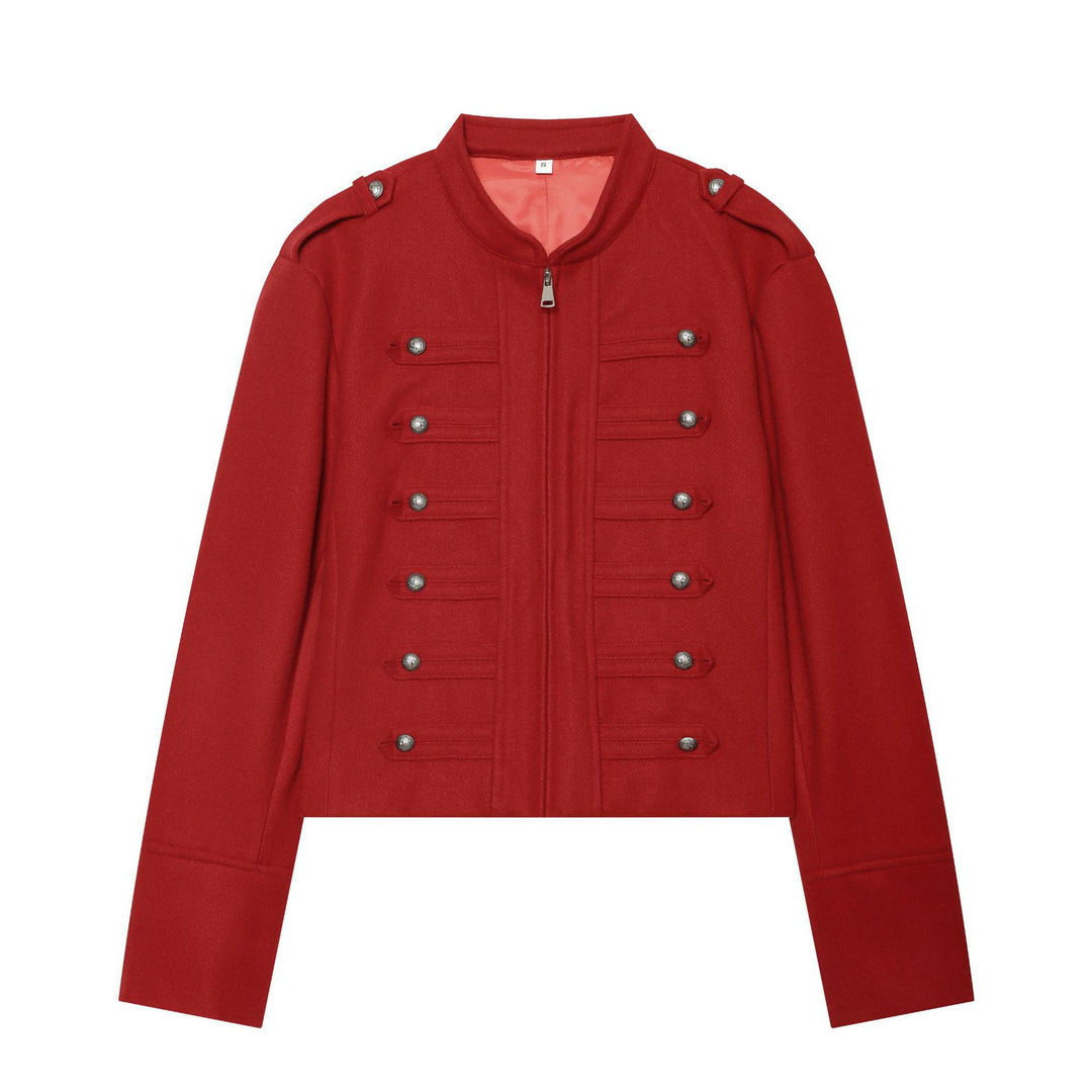 Women's military-inspired wool jacket with stand-up collar zipper and decorative button placket Mune Fashion