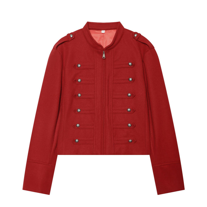 Women's military-inspired wool jacket with stand-up collar zipper and decorative button placket Mune Fashion