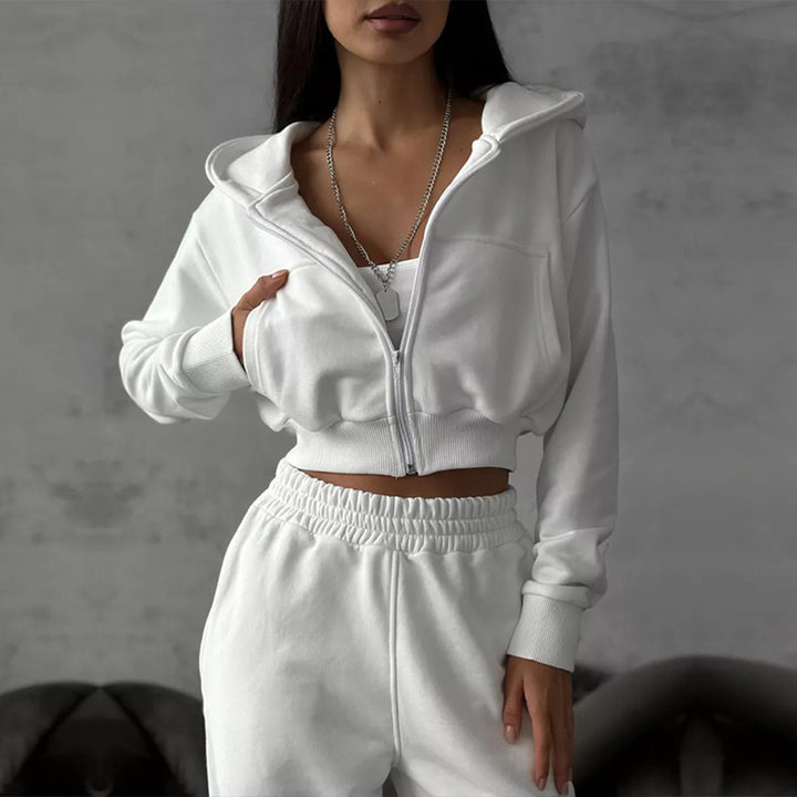 Women short zip hoodie with fitted cuff and wide high-waist French terry jogging pants set Mune Fashion