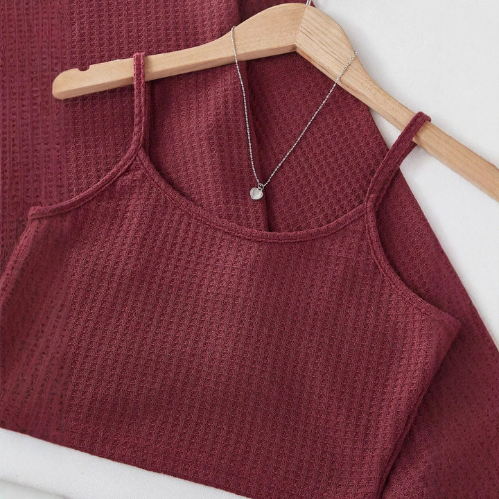 Ladies three-piece waffle knit lounge set with cropped pullover, spaghetti strap top and high-waisted shorts Mune Fashion