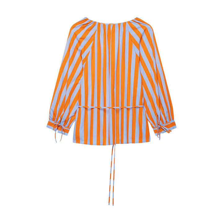 Women's Striped V-Neck Tunic Blouse with Balloon Sleeves and Drawstring Detail