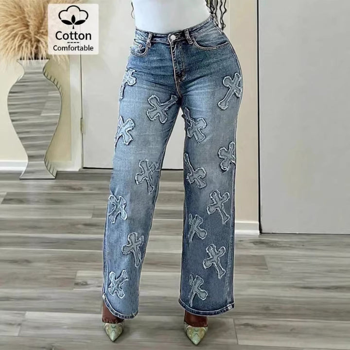 Women's high-waisted straight-cut jeans with cross appliqués made of cotton denim Mune Fashion