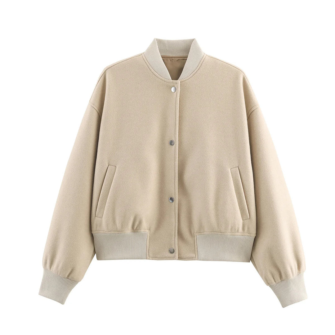 Women's nan tailored wool look college jacket with concealed snap button placket and side slip pockets Mune Fashion