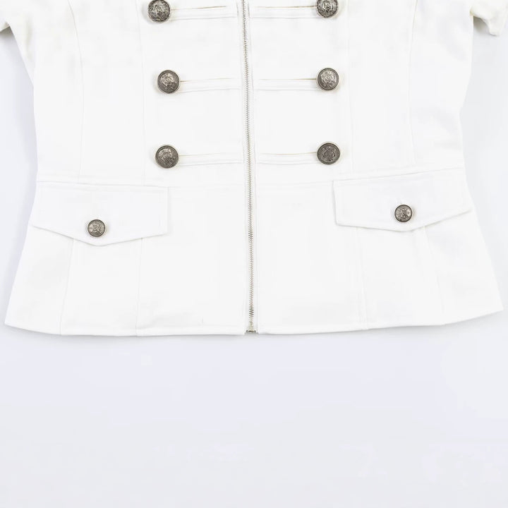 Women Tailored Military Jacket with Double-Breasted Decorative Buttons and Stand-Up Collar Mune Fashion