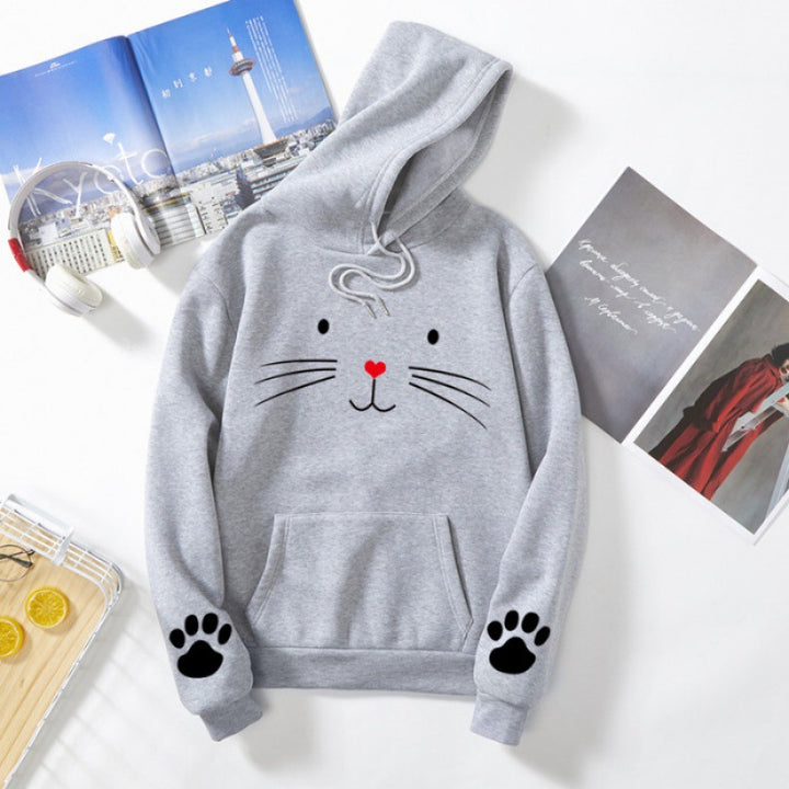 Women's hoodie with printed cat motif, kangaroo pocket and paw appliqués Mune Fashion
