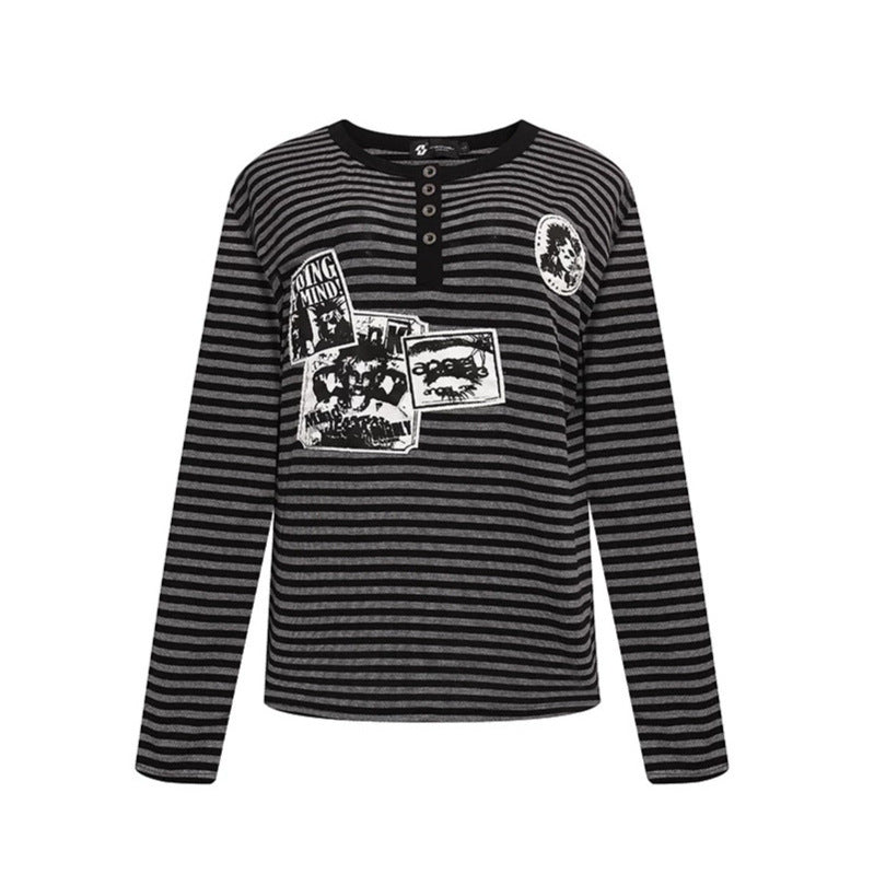 Women's Striped Long Sleeve Henley Shirt with Button Placket and Graphic Patches Mune Fashion