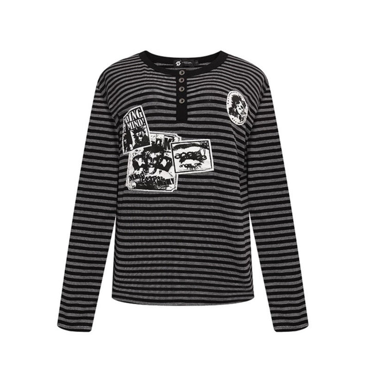 Women's Striped Long Sleeve Henley Shirt with Button Placket and Graphic Patches Mune Fashion
