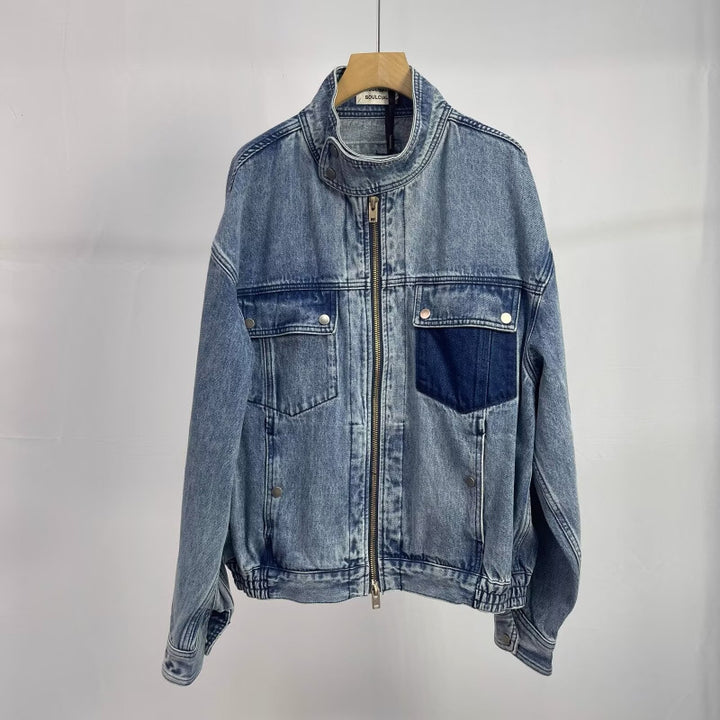 Men's Relaxed Denim Utility Jacket with Stand Collar and Contrasting Chest Pocket Mune Fashion
