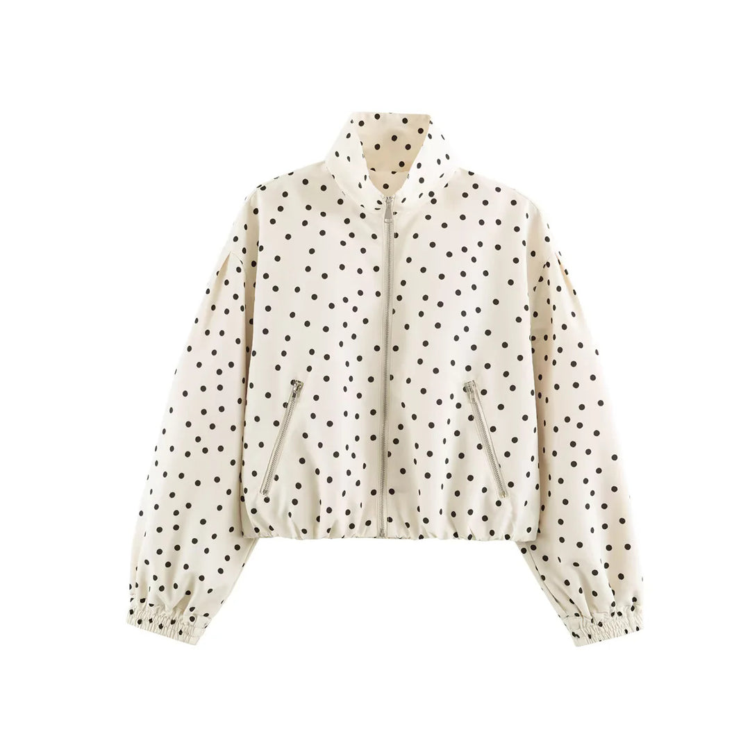 Women's dotted, waist-length bomber jacket with stand-up collar, zippered pockets, and elastic hem Mune Fashion