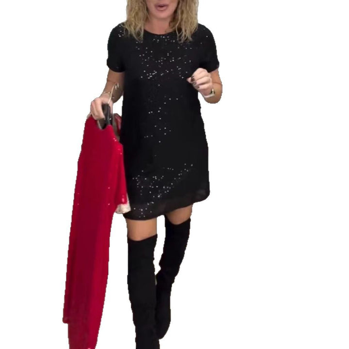 Women's sparkling shift mini dress with sequin trim and transparent hem Mune Fashion