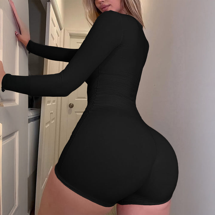 Women's figure-hugging jumpsuit with square neckline, long sleeves, and short length Mune Fashion
