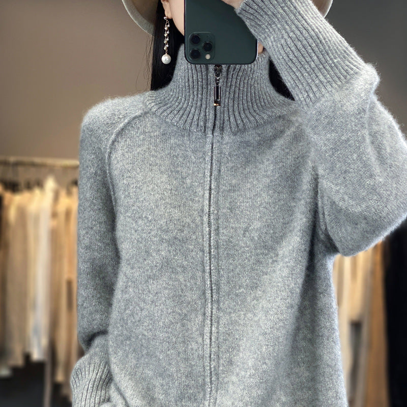 Women’s zip cardigan in cashmere look with stand-up collar and ribbed cuffs Mune Fashion