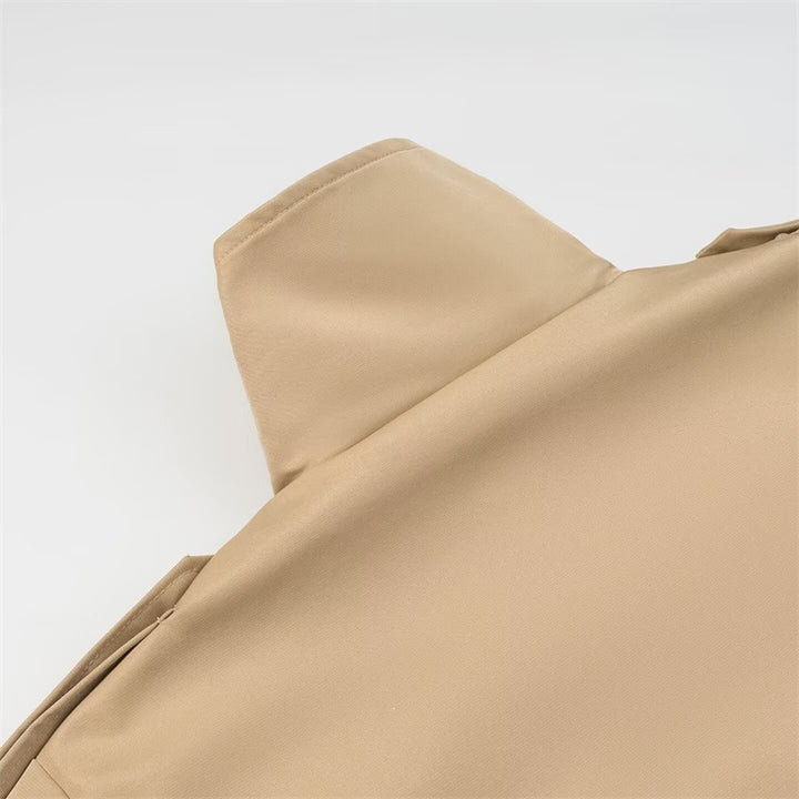 Women's Short Trench Coat with Stand Collar, Waist Belt and Contrast Cuffs Mune Fashion