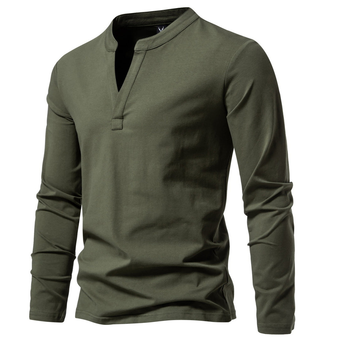 Men's long-sleeved Henley shirt with stand-up collar, deep V-opening and slim fit Mune Fashion