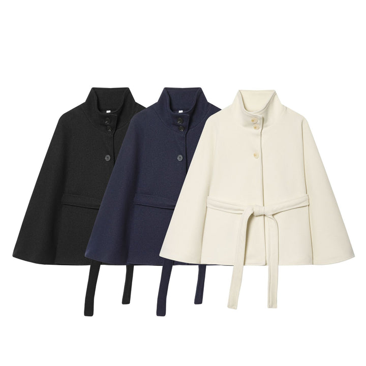 Women Short Cape Coat with Stand Collar, Button Placket and Tie Belt Mune Fashion