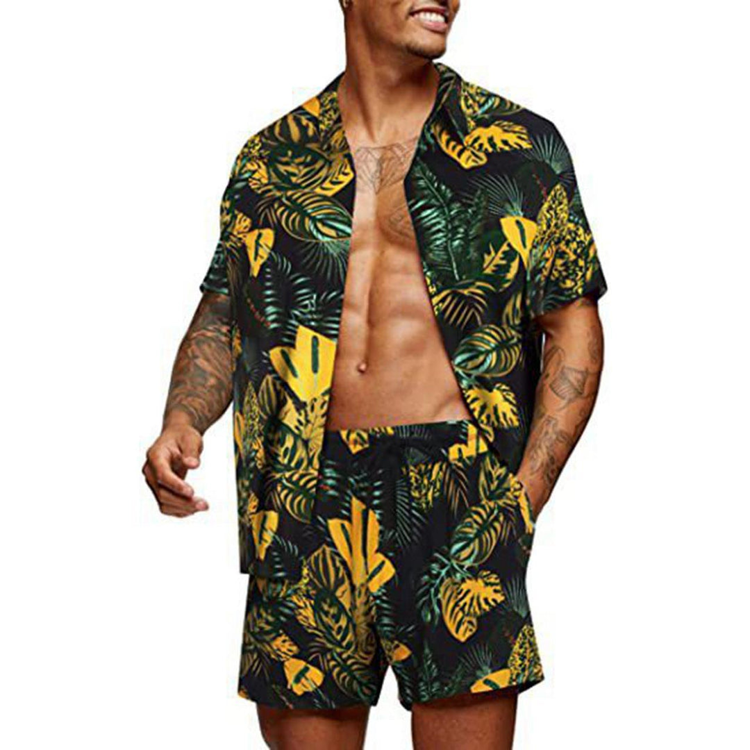 Men's tropical short sleeve shirt and swim shorts set with lapel collar, drawstring, and practical side pockets Mune Fashion
