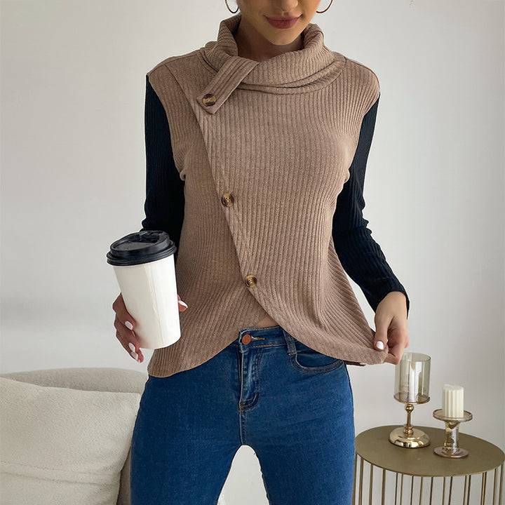 Ladies Asymmetric Ribbed Knit Layering Top with Roll Neck and Decorative Button Placket Mune Fashion