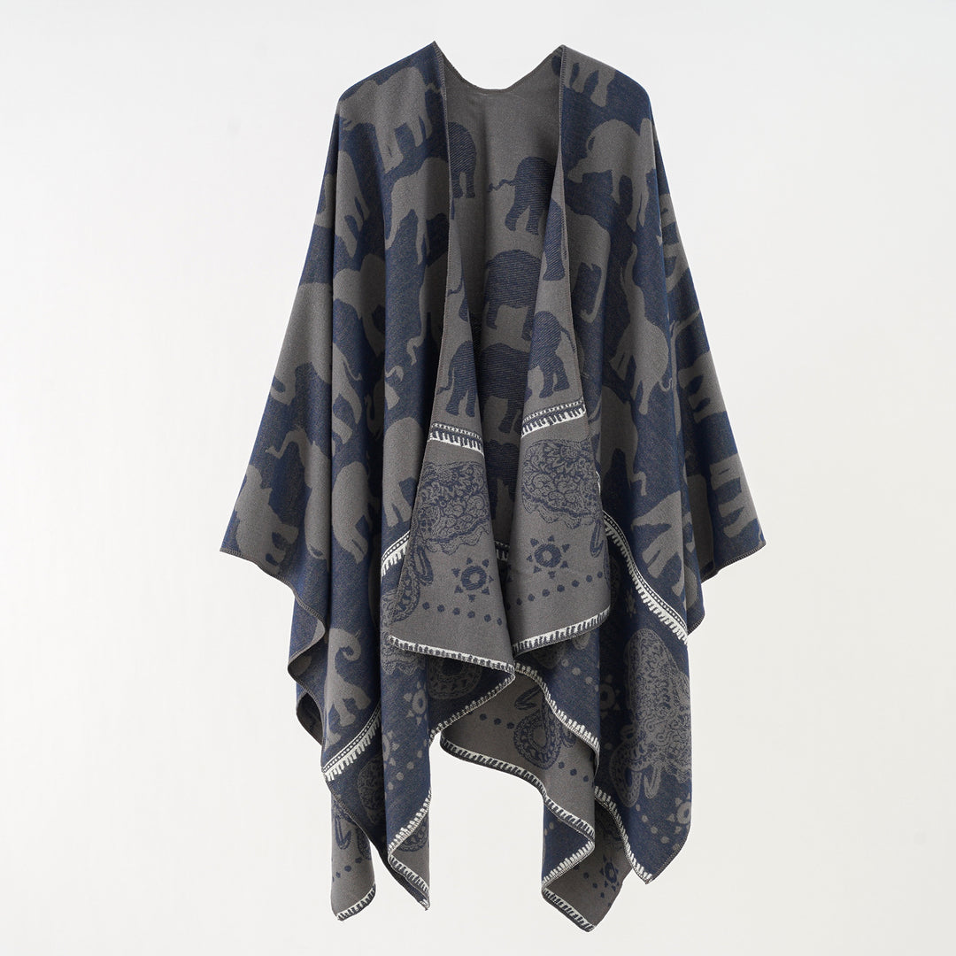 Ladies Jacquard Ruana with elephant motif and ornamental border Mune Fashion