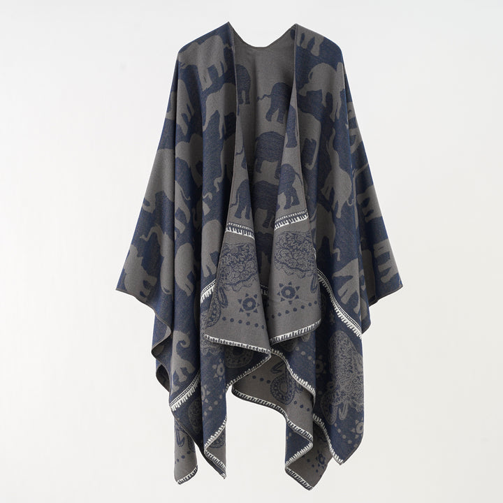 Ladies Jacquard Ruana with elephant motif and ornamental border Mune Fashion