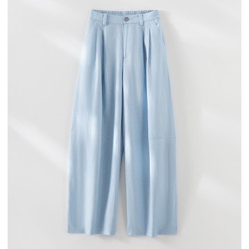 Women's wide linen-look trousers with high waist, crease and elastic back Mune Fashion