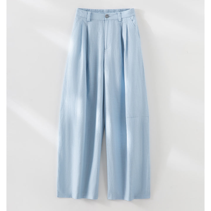 Women's wide linen-look trousers with high waist, crease and elastic back Mune Fashion