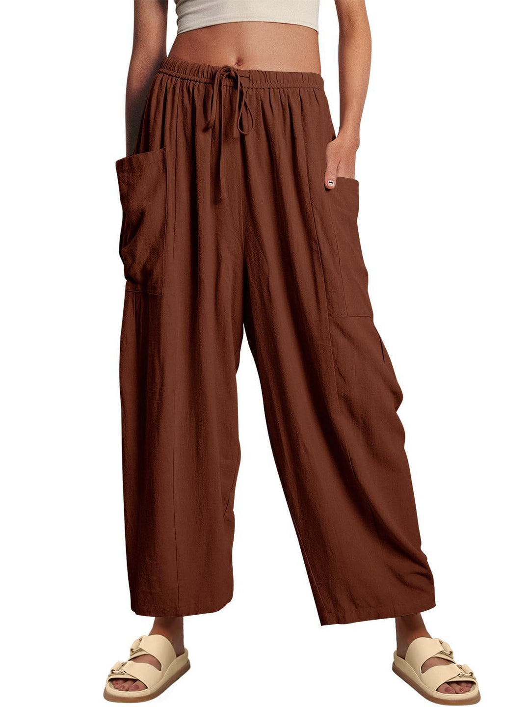 Women's wide palazzo pants made from a lightweight linen blend with drawstring and side pocket Mune Fashion