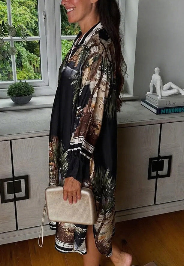 Women's blouse dress in silk look, kaftan style, with an illustrative coastal print Mune Fashion