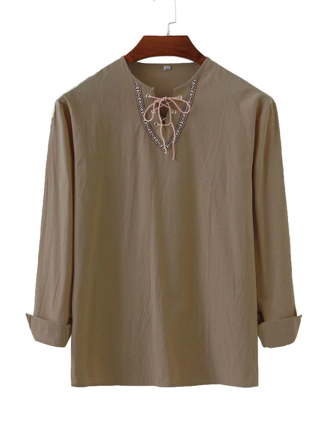 Men's linen tunic shirt with lacing and ethnic border Mune Fashion